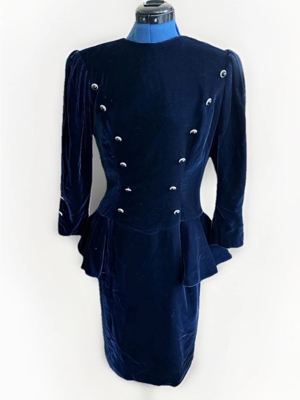Vintage 80s Victor Costa Military Style Navy Blue Velour Peplum Party Dress